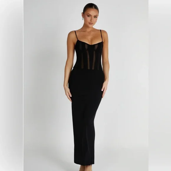 knee length dresses for ladies Davina Velvet and Mesh Maxi Dress / Black | Meshki main image 1